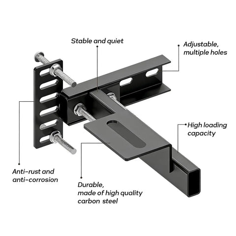 Ridiculously Sturdy Universal Headboard Brackets For Metal Bed Frame With Adjustable Footboard Extension Kit Dead Easy To Mount On Twin Full Queen King Sizes Matte Black Two Pack close-up view showing adjustable holes and steel construction.