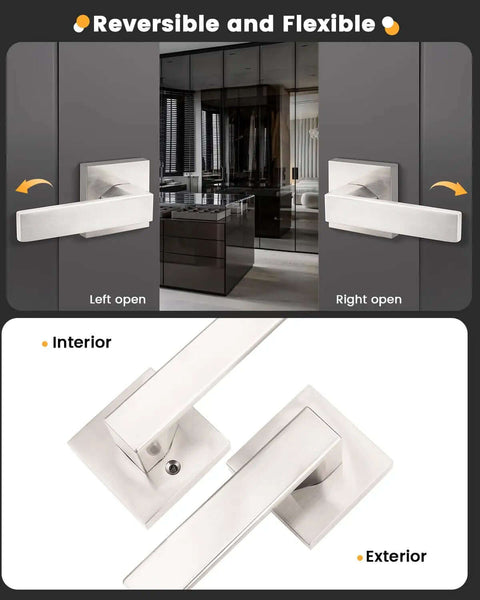 5 Pack Satin Nickel Square Door Levers And Handles For Interior Passage Locks, reversible installation shown on doors
