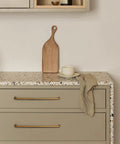 Kitchen cabinet with 10 Inch Cabinet Bar Pulls With Antique Brass Finish 256mm Hole Centers Set Of 2 for drawers.