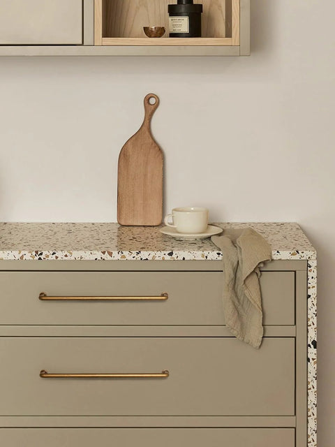 Kitchen cabinet with 10 Inch Cabinet Bar Pulls With Antique Brass Finish 256mm Hole Centers Set Of 2 for drawers.
