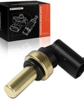 Close-up of A-Premium 2-pin engine coolant temperature sensor with brass probe and black connector.