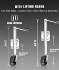 Road DAWG trailer jack with wheel; front and side views show 1000 lb capacity, 10-inch lift.