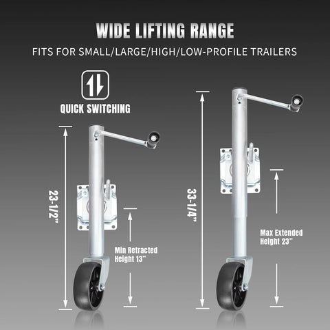 Road DAWG trailer jack with wheel; front and side views show 1000 lb capacity, 10-inch lift.