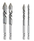 4-piece dry-drilling drill bit set with spiral flutes and conical tips; silver metal bits
