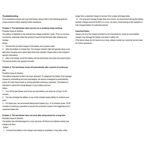 Troubleshooting guide for a cordless leaf blower covering battery issues and maintenance solutions on a white background.