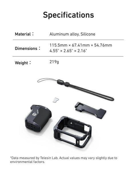 Street Grip Kit For DJI Action 6 With Metal Cage Camera Grip Holder Seesaw Shutter Button Aluminum Alloy Shell Backup TF Card Slot Quick Battery Access components displayed.