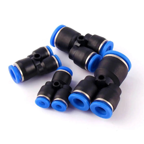 Top Shelf 100 Piece Plastic Push To Connect Pipe Fittings Kit For Air And Water Systems With Quick Release Design For 4mm Up To 16mm Od Tubing Perfect For Pneumatic Tools And Industrial Assemblies With Durable Black Bodies And Blue Seal Rings. plastic push-to-connect fittings, black with blue seals, for air and water tubing