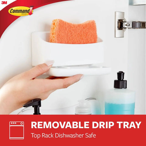 Under Sink Sponge Caddy Set Pack of 2 With 8 Adhesive Strips, Damage-Free Organization, holding an orange sponge