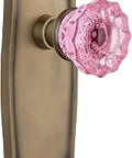 Prairie Plate Double Dummy Crystal Pink Glass Door Knob Set With Antique Brass Finish, retro style on solid brass plate