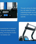 Control panel of Semi Automatic Round Bottle Label Applicator Machine showing settings for label length adjustment and pressing bar detail.