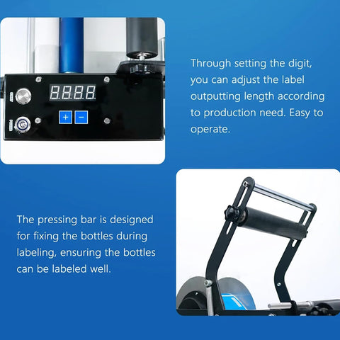 Control panel of Semi Automatic Round Bottle Label Applicator Machine showing settings for label length adjustment and pressing bar detail.
