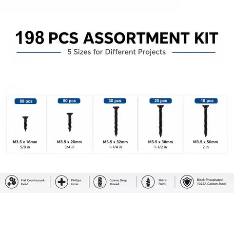 Image of 198 Piece Black Phosphated Screw Kit With Multi Size Assortment showcasing sizes 16mm to 50mm for DIY projects.