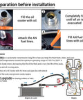 Preparation instructions for 16 Row Transmission Oil Cooler Kit With 6AN And 8AN Adapters, showing oil filling and AN line setup.