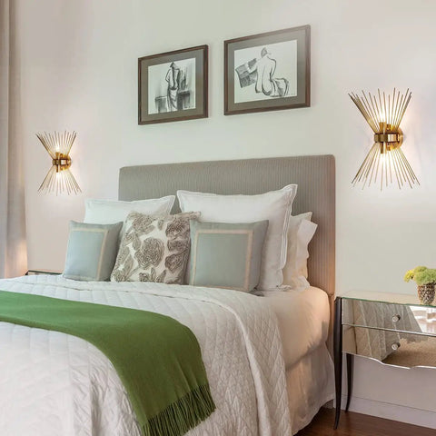 Mid Century Style Wall Sconces With Antique Brass Brush Finish And Starburst Shade, 2 Pack Bedside Hallway Bathroom Vanity Lighting Fixtures For Bedroom Entryway, Retro Vibe installed in a bedroom on either side of a bed