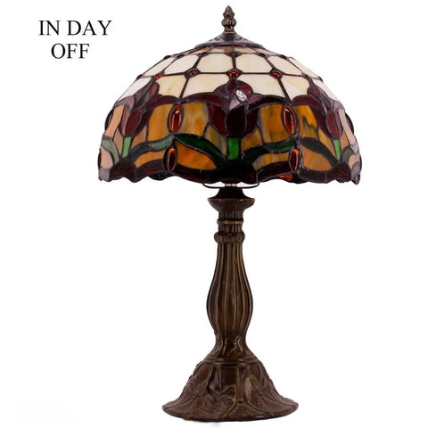 Tiffany Style Stained Glass Tulip Table Lamp For Bedroom And Living Room, Killer Bedside Reading Desk Light, 12 Inch Shade, 18 Inch Tall, Antique Green Bronze Base, UL Listed, S030 Series, shown in daylight