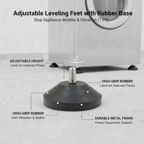 Heavy Duty Adjustable Leveling Feet With Rubber Base To Kill Wobble On Uneven Floors Precise Threaded Height Adjustment shown on floor.