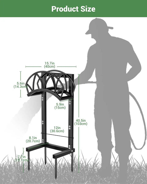 Heavy Duty Freestanding Garden Hose Reel Stand With Ground Spikes Detachable Metal Rack Holds Up To 160 Ft Of Hose Outdoor Hose Storage For Yard Lawn And Farm No Hassle Setup Weatherproof Black with dimensions