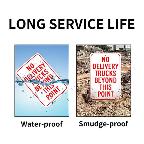 Kick The Delivery Hassle With This Heavy Duty No Delivery Trucks Beyond This Point Sign 18 By 12 Inches shown waterproof and smudge-proof.