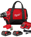 Badass Compact Brushless Cordless Drill Driver Kit With 18 Volt Lithium Ion Battery Power And Two Rapid Charge Batteries, Milwaukee drill, two batteries, charger, and bag.