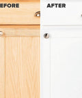 Before and after kitchen cabinet using Cabinet Coat Urethane Acrylic Satin Enamel Paint For Cabinets White 1 Gallon, DIY-ready finish.
