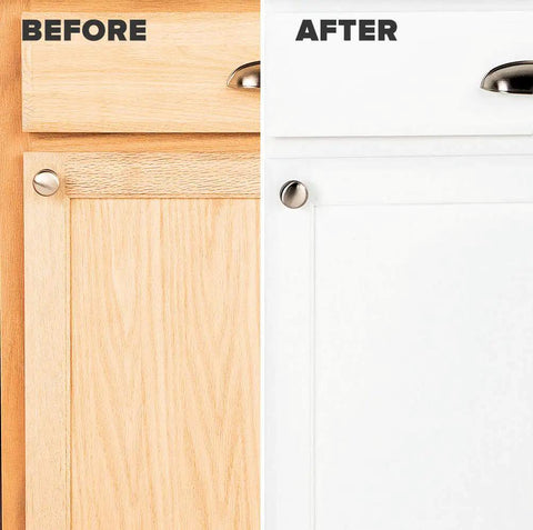 Before and after kitchen cabinet using Cabinet Coat Urethane Acrylic Satin Enamel Paint For Cabinets White 1 Gallon, DIY-ready finish.