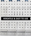 Detailed view of Beast Pegboard Organizer Kit With Wall Mount Panels And Assorted Hooks And Bins For Bedroom Craft Room Study Office Or Garage 27x22 White Durable Pegboard System With Mounting Hardware showing hooks and bins.