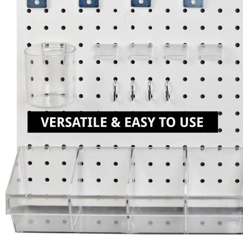 Detailed view of Beast Pegboard Organizer Kit With Wall Mount Panels And Assorted Hooks And Bins For Bedroom Craft Room Study Office Or Garage 27x22 White Durable Pegboard System With Mounting Hardware showing hooks and bins.