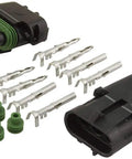 Upgrade Your Ride With This Ultimate 3-Wire Weather Pack Connector Kit Featuring Heavy Duty Male And Female Terminals Plus Rubber Seals For Secure Electrical Wiring Connections Perfect For Hot Rods And Custom Builds. 3-pin black automotive connectors with green seals and metal terminals