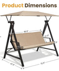 Image of Three Seater Outdoor Swing With Canopy And Stand Heavy Duty 600 Lb Capacity, featuring product dimensions.