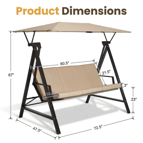 Image of Three Seater Outdoor Swing With Canopy And Stand Heavy Duty 600 Lb Capacity, featuring product dimensions.