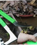 Two Piece Steel Garden Scythe Set For Weeding And Lawn Care Ergonomic Labor Saving Outdoor Tool with green handle in use