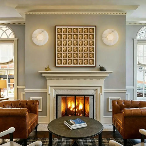 KXKLGWHN Modern Minimalist Style Natural Alabaster Wall Lamp, Hard Wire above a cozy fireplace in a stylish living room.