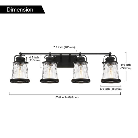 Four Light Farmhouse Vanity Lights With Rustic Wall Sconces And Hammered Glass Shades, dimensions labeled