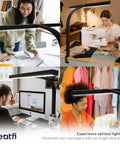Collage of Beefy 3000 Lumen LED desk lamp with clamp in use for reading, sewing, computer work, and crafting in home office settings.