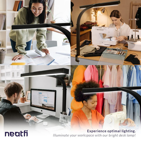 Boss Level LED Desk Lamp With Clamp, 3000 Lumens, flexible arm in home office and sewing environments, providing even lighting.