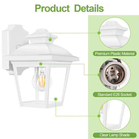 Outdoor Wall Lantern No Fuss Waterproof Porch Light For Front Door Garage And Patio With Anti Corrosion Plastic Build And Clear Acrylic Panels White Finish Bulb Included Sconce Fixture, showing detailed components and materials