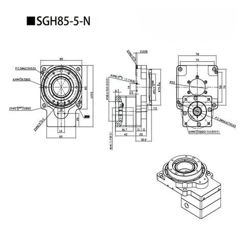 Technical drawing of Hollow Shaft Rotary Actuator 85 With 360 Degree Rotating Table And 10 18 Ratio For Nema 23 Stepper Motor