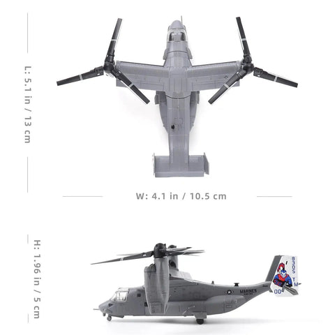 V-22 Osprey 1 To 144 Scale Die Cast Model Aircraft Kit All Metal Navy Military Plane With Foldable Wings Top and Side View