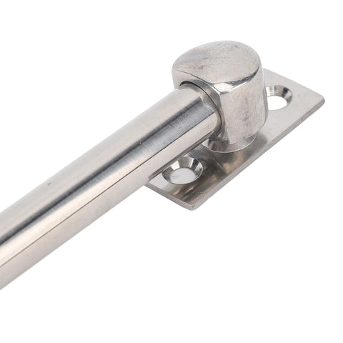 Side view of Denash stainless steel boat hatch window adjuster with mounting plate and two screw holes