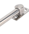 Stainless steel boat hatch window adjuster with sliding lock and mounting plate.
