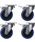 Four Pack Heavy Duty Swivel Caster Wheels With Dual Lock Brakes, Thick Blue Rubber Tires That Roll Like Butter in a close-up view