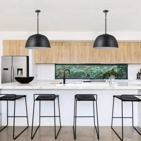 Warren 1 Light Pendant In Matte Black With White Interior Dome Shade Farmhouse Chic Vibe LED Bulb Included 800 Lumen showing 2 hung above kitchen island