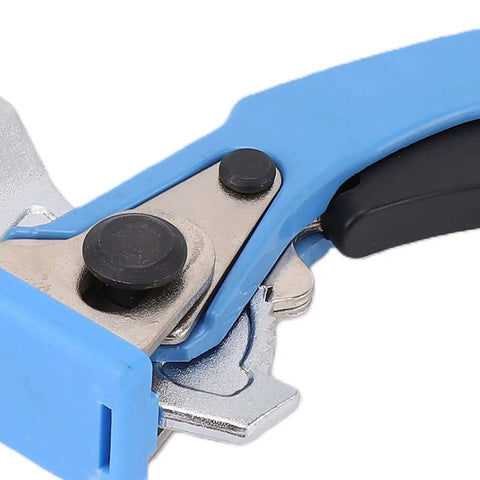 Close-up of Steel Ratchet Style Bench Dogs And Clamps For 3/4 Inch Dog Holes Heavy Duty Woodworking Hold Downs with blue handle.