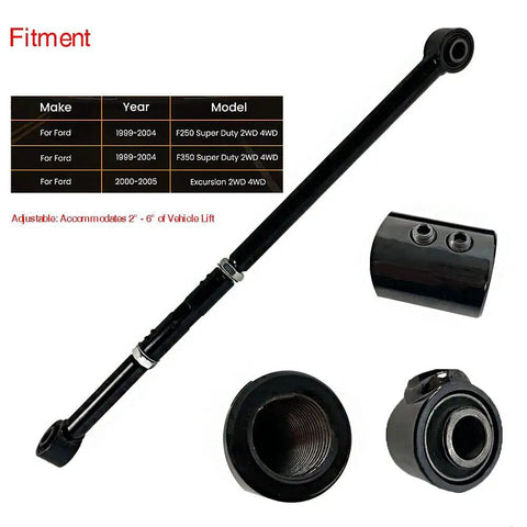 Front Adjustable Track Panhard Bar For Ford F Series 1999 To 2004 F250 F350 Super Duty And 2000 To 2005 Excursion, 2 To 6 Inch Lift Replacement, forged steel adjustable track bar shown with bushings and sleeves