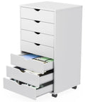 Seven Drawer Rolling Storage Cabinet With Smooth Gliding Casters, Compact White Wood Organizer For Under Desk Mobile Dresser And Bedroom Setup with open drawers showing office supplies.