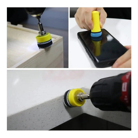 Check out these 191 Pieces Of One Inch Sanding Discs With Hook And Loop Fastening System Plus A Backing Pad For Wet Or Dry Sanding Jobs That Peel Switch In Seconds Without Tools And Dust Venting Holes Keep The Area Clean While You Work Like A Pro. Image of sanding pads in use on wood and countertop surfaces.