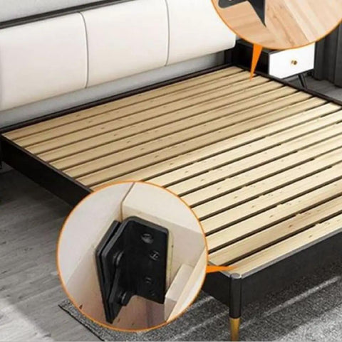 Hella Sturdy Heavy Duty Galvanized Steel Bed Rail Bracket For Reinforcing Creaky Bed Frames With Thick Load Bearing Plate installed on a bed frame.