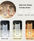 Lit Crystal Diamond Portable Table Lamp With 3 Color Touch Control in white, neutral, and warm light settings.