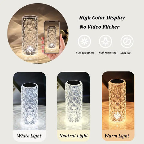 Lit Crystal Diamond Portable Table Lamp With 3 Color Touch Control in white, neutral, and warm light settings.