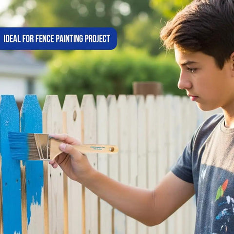 Boy using Two Pack 3 Inch Angle Paint Brushes With Durable Wooden Comfort Grip For Easy Control And A Thick Synthetic Filament
